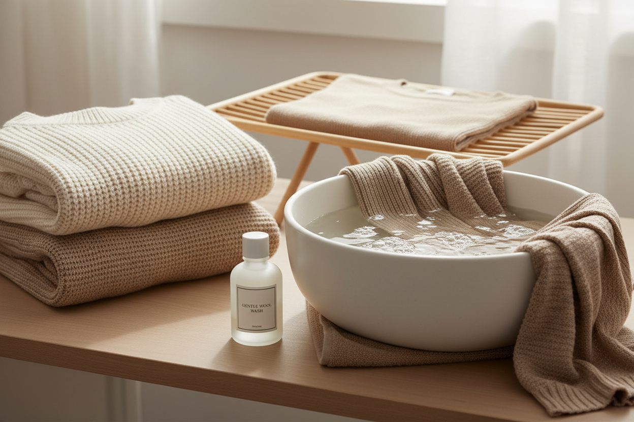 cura e lavaggio dei maglioni con colori neutri beige